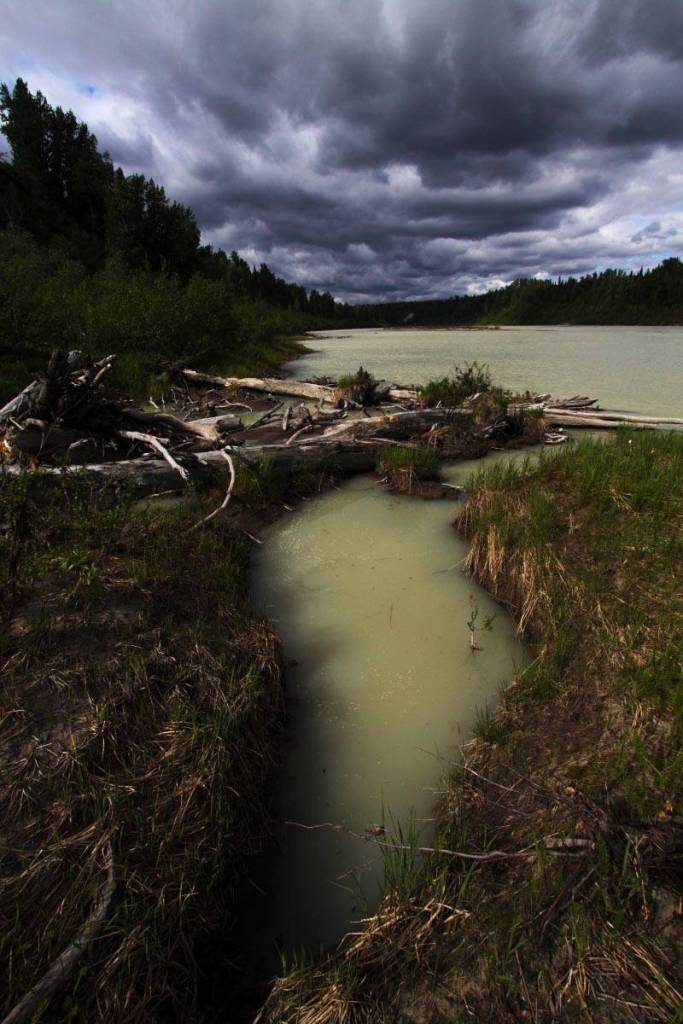 Clouds loom over the Beluga River on the west side of Cook Inlet, east of where the Chuitna Coal Mine was planned. PacRim, the company investing in the mine, informed the state March 31 that it was suspending its quest for permits for the mine. (Photo courtesy Ground Truth Trekking)