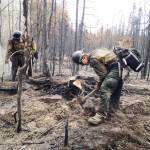Members of the Yukon Fire Crew, highly trained hotshot wildland firefighters, perform mop up work on the Kenai Peninsula in 2015. The Type 2 Hand Crew is based on the peninsula for a large part of the year in trailers parked on land leased to the nonprofit Chugachmiut, Inc. by the Kenai Peninsula Borough. Chugachmiut is seeking a grant that would allow the organization to build a permanent camp on land it bought in 2011. (Photo courtesy Nathan Lojewski)