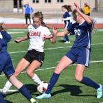Kenai Central&rsquo;s Samantha Morse tries to take the ball away from Soldotna&rsquo;s Cameron Blackwell (20) Tuesday at Ed Hollier Field in Kenai. (Photo by Joey Klecka/Peninsula Clarion)