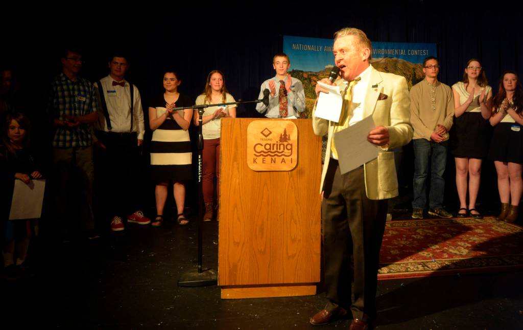 Caring for the Kenai Master of Ceremonies Merrill Skorski, congratulated all the finalists for their hard work at the oral presentation event on Thursday night. (Kat Sorensen/Peninsula Clarion)