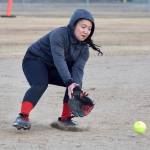 Kenai Central shortstop Patricia Catacutan fields a grounder Friday, April 21, 2017, against Wasilla at Steve Shearer Memorial Ball Park in Kenai. (Photo by Jeff Helminiak/Peninsula Clarion)