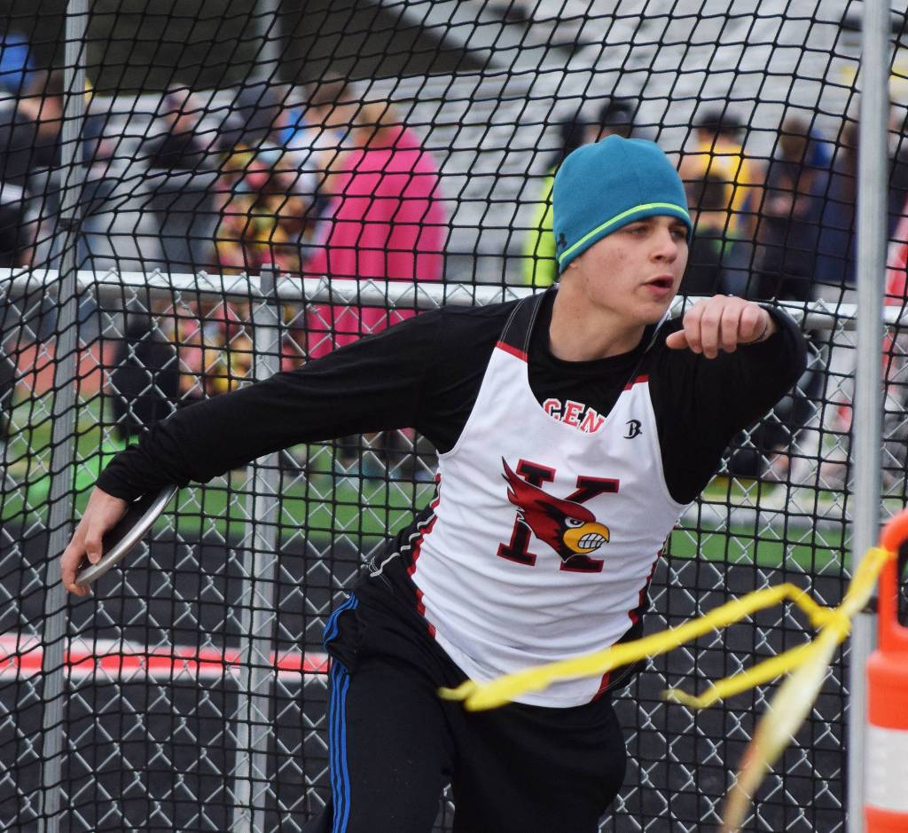 Kenai Central&rsquo;s John Grossl winds up for a discus toss at Saturday&rsquo;s Kenai Invitational at Ed Hollier Field in Kenai. (Photo by Joey Klecka/Peninsula Clarion)