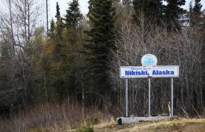 This Nov.&nbsp;21, 2015 shows the sign designating the unofficial border of Nikiski, Alaska. (Elizabeth Earl/Peninsula Clarion, file)