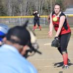 Kenai Central starter Savannah Jones offers up a pitch to a Kodiak batter Thursday, May 11, 2017, evening at Steve Shearer Memorial Ball Park in Kenai. (Photo by Joey Klecka/Peninsula Clarion)