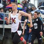 Kenai Central senior Josh Jackman leads the way in the boys 100-meter sprint Saturday afternoon at the Kenai Peninsula Borough track and field championships at Justin Maile Field in Soldotna. (Photo by Joey Klecka/Peninsula Clarion)