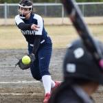 Soldotna starter Danielle Hills delivers a pitch to Kenai Central&rsquo;s Patricia Catacutan, Wednesday at the Soldotna Little League Fields. (Photo by Joey Klecka/Peninsula Clarion)