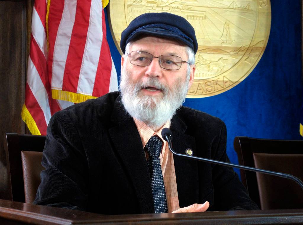 Alaska state Rep. Paul Seaton, co-chair of the House Finance Committee, speaks to reporters during a House majority news conference on the first day of a special legislative session, on Thursday, May 18, 2017, in Juneau, Alaska. Thursday marked the first day of a special session called by Alaska Gov. Bill Walker to address the budget and a fiscal plan for the state. (AP Photo/Becky Bohrer)