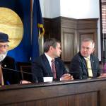 Leaders of the Alaska House majority coalition address reporters on the first day of a special legislative session, on Thursday, May 18, 2017, in Juneau, Alaska. Shown are, from left, Reps. Paul Seaton; Chris Tuck; Bryce Edgmon, the House speaker; and Gabrielle LeDoux. (AP Photo/Becky Bohrer)