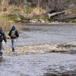 Two anglers head out through the shallows of the Anchor River to cast a line for king salmon Saturday, May 20, 2017 in Anchor Point, Alaska. (Elizabeth Earl/Peninsula Clarion)  Two anglers head out through the shallows of the Anchor River to cast a line for king salmon Saturday in Anchor Point. (Elizabeth Earl/Peninsula Clarion)