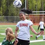 Kenai Central&rsquo;s Paulyne Catacutan gets her head on a ball late in Friday&rsquo;s consolation semifinal against Colony at the girls state soccer tournament at Eagle River High School. (Photo by Joey Klecka/Peninsula Clarion)