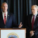 Interior Secretary Ryan Zinke, left, with Alaska Gov. Bill Walker, speaks during a news conference Wednesday, May 31, 2017, in Anchorage, Alaska. Zinke announced steps during a speech earlier in the day that could lead to expanded petroleum drilling in two areas of northern Alaska where environmental groups want protections for wildlife. (AP Photo/Mark Thiessen)