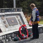 VFW Auxiliary places wreaths at Veterans memorial in Soldotna.