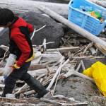 Gautoma Iwamura, a homeschool student through the Kenai Peninsula Borough School District’s Connections program, gathers trash on Sunday, June 4, 2017 on Augustine Island, Alaska. Iwamura was one of a group of students and adults who traveled with the Center for Alaskan Coastal Studies to the remote island in Cook Inlet to gather marine debris from the beaches. (Photo by Elizabeth Earl/Peninsula Clarion)