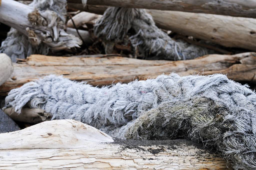 Gathered marine debris lies in a pile on a beach on Sunday, June 4, 2017 on Augustine Island, Alaska. On the remote island’s eastern beaches, trash lies scattered amid the driftwood and clean volcanic sand. (Photo by Elizabeth Earl/Peninsula Clarion)&nbsp;
