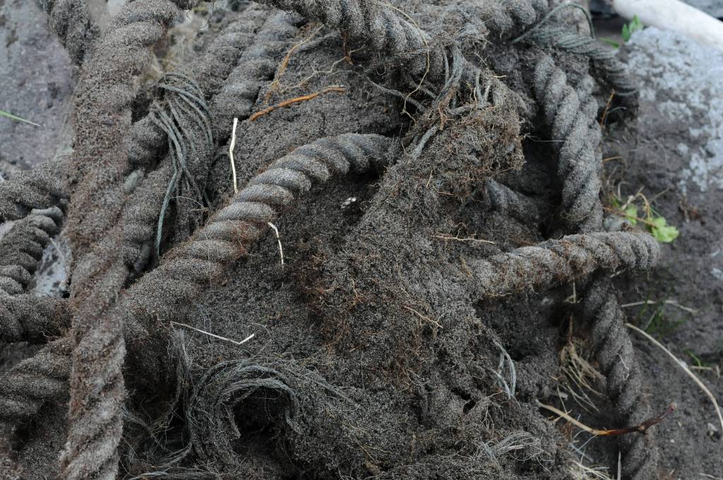 Japanese-labeled garbage lies piled on a beach on Sunday, June 4, 2017 on Augustine Island, Alaska. On the remote island’s eastern beaches, trash lies scattered amid the driftwood and clean volcanic sand. (Photo by Elizabeth Earl/Peninsula Clarion)&nbsp;