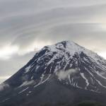 Clouds and smoke curl around the top of Augustine Volcano on Sunday, June 4, 2017 on Augustine Island, Alaska. The remote island in Cook Inlet is composed of little more than the volcano and its surrounding debris. (Elizabeth Earl/Peninsula Clarion)