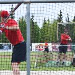 The Peninsula Oilers practice hitting Thursday afternoon at Coral Seymour Memorial Ballpark in Kenai. (Photo by Joey Klecka/Peninsula Clarion)