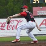 Peninsula Oilers starting pitcher Tyler Waldrop winds up for the throw Friday night against the Mat-Su Miners at Coral Seymour Memorial Park in Kenai. (Photo by Joey Klecka/Peninsula Clarion)