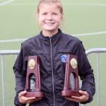 Boise State redshirt freshman Allie Ostrander shows off the first-place trophy from the 3,000-meter steeplechase and fourth-place trophy from the 5,000 meters, both earned at the NCAA Outdoor Track and Field Championship on Saturday, June 10, 2017, at Hayward Field in Eugene, Oregon. (Photo provided by Boise State Sports Information)