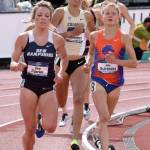 Boise State redshirt freshman Allie Ostrander (8) runs with New Hampshire&rsquo;s Elinor Purrier on Saturday, June 10, 2017, in the 3,000-meter steeplechase at the NCAA Outdoor Track and Field Championships at Hayward Field in Eugene, Oregon. Ostrander won the race, while Purrier was fourth. (Photo provided by Boise State Sports Information)