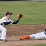 Enar Anderson of West steals second base in the top of the second inning ahead of the tag of Twins second baseman Porter Fannon on Sunday, June 18, 2017, at Coral Seymour Memorial Park in Kenai. (Photo by Jeff Helminiak/Peninsula Clarion)