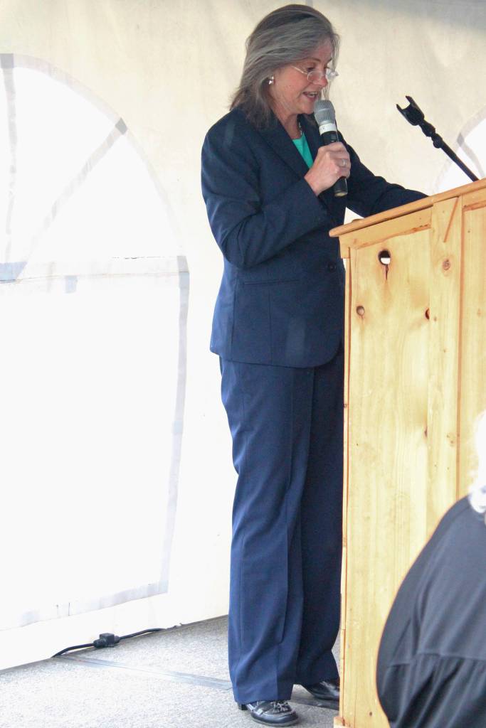 Judge Korey Wahwassuck, a member of the State of Minnesota Ninth Judicial District Court, speaks to a crowd at the grand opening of the Henu&rsquo; Community Wellness Court on Friday, June 23, 2017 at the Kenaitze Indian Tribe&rsquo;s campus in Kenai, Alaska. Wahwassuck is the co-founder of the first joint court system under both tribal and state jurisdiction in the country, and helped the creators of the Henu&rsquo; court make the therapeutic program a possibility. (Megan Pacer/Peninsula Clarion)
