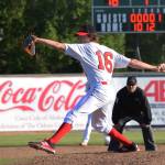 Peninsula Oilers pitcher and 2016 Soldotna High School graduate Joey Becher offers up a pitch to the Anchorage Glacier Pilots midway through Saturday&rsquo;s Alaska Baseball League contest at Coral Seymour Memorial Ballpark in Kenai. (Photo by Joey Klecka/Peninsula Clarion)