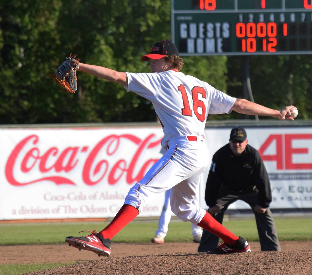 Peninsula Oilers pitcher and 2016 Soldotna High School graduate Joey Becher offers up a pitch to the Anchorage Glacier Pilots midway through Saturday&rsquo;s Alaska Baseball League contest at Coral Seymour Memorial Ballpark in Kenai. (Photo by Joey Klecka/Peninsula Clarion)