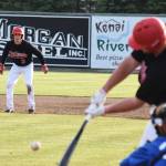 Peninsula Oilers baserunner Oliver Dunn (3) keeps an eye on teammate Jeremy Conant Friday evening at Coral Seymour Memorial Park in Kenai. (Photo by Joey Klecka/Peninsula Clarion)