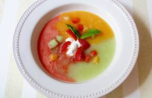 This June 16 photo shows a three-melon soup in New York. This dish is from a recipe by Sara Moulton. (Sara Moulton via AP)