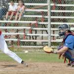 Raymond Kerr drags a bunt foul Sunday, June 25, 2017, against the Anchorage Glacier Pilots at Coral Seymour Memorial Park in Kenai. (Photo by Jeff Helminiak/Peninsula Clarion)