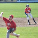 Post 20 Twins outfielder Spencer Warren (9) keeps an eye on Napoleon, Ohio, pitcher Kody King late in the game Wednesday at the Bill Miller Wood Bat Tournament at Coral Seymour Memorial Ballpark in Kenai. (Photo by Joey Klecka/Peninsula Clarion)