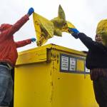 Karl Danielson (left), a senior at Kenai Central High School and a member of the KCHS Cross Country Ski Team, his mom Teresa Danielson (center) and coach Brad Nyquist (right) empty out their garbage bags into a bin at the north Kenai Beach on Tuesday, July 18, 2017 in Kenai, Alaska. Members of the ski team helped clean up the beach Tuesday as a fundraiser for the team&rsquo;s activities. (Photo by Elizabeth Earl/Peninsula Clarion)