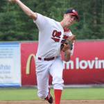 Peninsula Oilers starter Joey Becher delivers a pitch to a Chugiak Chinooks batter Friday at Coral Seymour Memorial Ballpark in Kenai. (Photo by Joey Klecka/Peninsula Clarion)