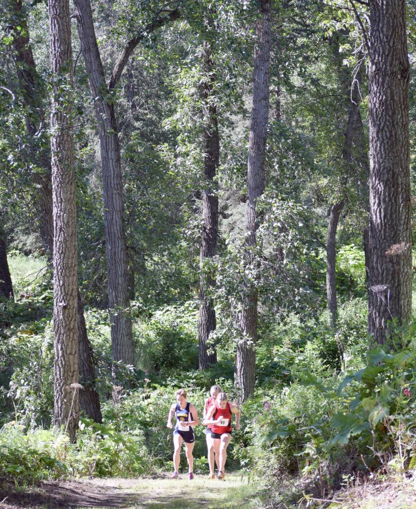 Kenai Central&rsquo;s Addison Gibson (right) leads Homer&rsquo;s Alex Moseley and Kenai Central&rsquo;s Brooke Satathite up a hill early in the junior-senior girls race Monday, Aug. 14, 2017, at the Nikiski Class Races at Nikiski High School. Gibson went on to win the race. (Photo by Jeff Helminiak/Peninsula Clarion)