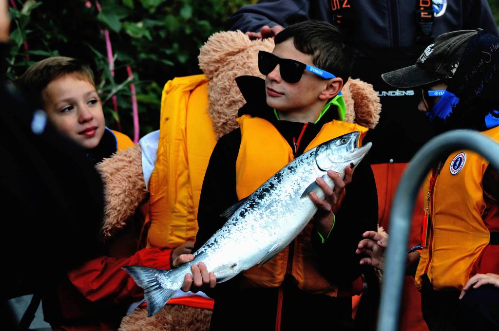 A participant in the Kenai River Junior Classic holds up a silver salmon he caught Wednesday, Aug. 16, 2017 near Soldotna, Alaska. The event, organized by Soldotna-based sportfishing organization the Kenai River Sportfishing Association, brings kids from all over Southcentral Alaska to learn about fishing and boating safety followed by a fishing trip with professional guides on the Kenai River. (Photo by Elizabeth Earl/Peninsula Clarion)