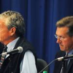 Alaska Department of Fish and Game Commissioner Sam Cotten (left) and Board of Fisheries member Reed Morisky (right) testify during a Senate Committee on Commerce, Science and Transportation field hearing on the reauthorization of the Magnuson-Stevens Fishery Conservation and Management Act, hosted by Sen. Dan Sullivan (R-Alaska), on Wednesday, Aug. 23, 2017 in Soldotna, Alaska. (Photo by Elizabeth Earl/Peninsula Clarion)