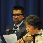 Alaska Groundfish Data Bank Executive Director Julie Bonney (right) and Alaska Marine Conservation Council Deputy Director Shannon Carroll (left) testify during a Senate Committee on Commerce, Science and Transportation field hearing on the reauthorization of the Magnuson-Stevens Fishery Conservation and Management Act, hosted by Sen. Dan Sullivan (R-Alaska), on Wednesday, Aug. 23, 2017 in Soldotna, Alaska. (Photo by Elizabeth Earl/Peninsula Clarion)