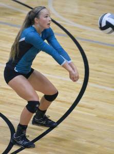 Nikiski&rsquo;s Kaitlyn Johnson passes the ball Saturday, Aug. 26, 2017, at the Shayna Pritchard Memorial Tournament at Nikiski. (Photo by Jeff Helminiak/Peninsula Clarion)