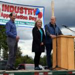 Governor Bill Walker, right, his wife, Donna and Kenai Peninsula Borough Mayor Mike Navarre take the stage during Industry Appreciation Day on Saturday, Aug. 26, 2017 in Kenai, Alaska. (Photo by Kat Sorensen/Peninsula Clarion)