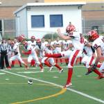 Kenai&rsquo;s Kaden McKibben kicks off during the Kardinals&rsquo; 42-28 Northern Lights Conference football win over Eagle River on Saturday, Sept. 2, 2017 at Eagle River High School. (Star photo by Matt Tunseth)
