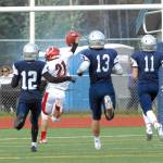 Kenai&rsquo;s Zack Tuttle celebrates after catching a 71-yard touchdown pass in his team&rsquo;s 42-28 Northern Lights Conference football win over Eagle River on Saturday, Sept. 2, 2017 at Eagle River High School. (Star photo by Matt Tunseth)