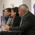Dale Bagley, Linda Hutchings and Charlie Pierce listen to a question during a forum for borough mayoral candidates Wednesday at a joint meeting of the Kenai and Soldotna Chambers of Commerce at the Kenai Visitors Center. (Photo by Will Morrow/Peninsula Clarion)