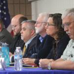 Candidates for Kenai Peninsula Borough Assembly, from left, Brent Hibbert (District 1), Dan Castimore (District 1), Duane Bannock (District 2), Hall Smalley (District 2), Leslie Morton (District 5), and Norm Blakeley (District 5)participate in a candidate forum during a joint meeting of the Kenai and Soldotna Chambers of Commerce at the Soldotna Regional Sports Complex Wednesday. (Photo by Will Morrow/Peninsula Clarion)
