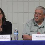 Leslie Morton, left, answers a question while Norm Blakeley listens during a forum for Kenai Peninsula Borough Assembly candidates Wednesday at a joint meeting of the Kenai and Soldotna Chambers of Commerce. Morton and Blakely are running for the District 5-Sterling/Funny River seat. (Photo by Will Morrow/Peninsula Clarion)