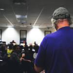 An attendee at the Central Kenai Peninsula League of Women Voters&rsquo; forum asks a question to the panel of candidates for Kenai Peninsula Borough Assembly and borough mayor Wednesday, Sept. 13, 2017 in Soldotna, Alaska. (Photo by Elizabeth Earl/Peninsula Clarion)