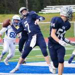 Soldotna quarterback Brandon Crowder winds up for the throw against Kodiak Saturday at Justin Maile Field in Soldotna. (Photo by Joey Klecka/Peninsula Clarion)
