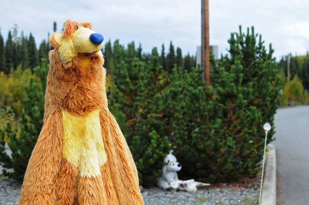 A stuffed version of The Bear in the Big Blue House character says goodbye to visitors near the attendant station at the Sterling Transfer Site on Saturday, Sept. 16, 2017 near Sterling, Alaska. The attendants at the transfer site, where trash is picked up and taken to Central Peninsula Landfill, rescue stuffed animals from the trash and giving them new life in the &ldquo;Sterling Zoo,&rdquo; where they rest in the bushes and trees surrouding the transfer site to greet visitors throughout the summer. They go into &ldquo;hibernation&rdquo; in the winter, resting on a shelf to stay dry before reappearing the following summer. (Photo by Elizabeth Earl/Peninsula Clarion)
