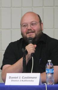 Dan Castimore answers a question during a forum for Kenai Peninsula Borough Assembly candidates Wednesday at a joint meeting of the Kenai and Soldotna Chambers of Commerce on Wednesday, Sept. 13, 2017 in Soldotna, Alaska. Castimore is running for the District 1-Kalifornsky seat. (Photo by Will Morrow/Peninsula Clarion)