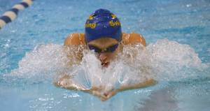 Kodiak&rsquo;s Talon Lindquist competes in the 50-yard breaststroke Friday, Sept. 22, 2017, at the Soldotna Pentathlon at Soldotna High School. (Photo by Jeff Helminiak/Peninsula Clarion)